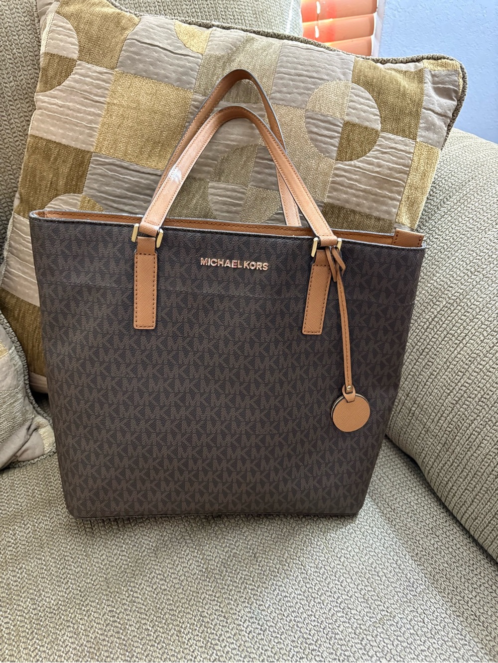 NEW Michael Kors Brown Logo Tote with Tan Handles